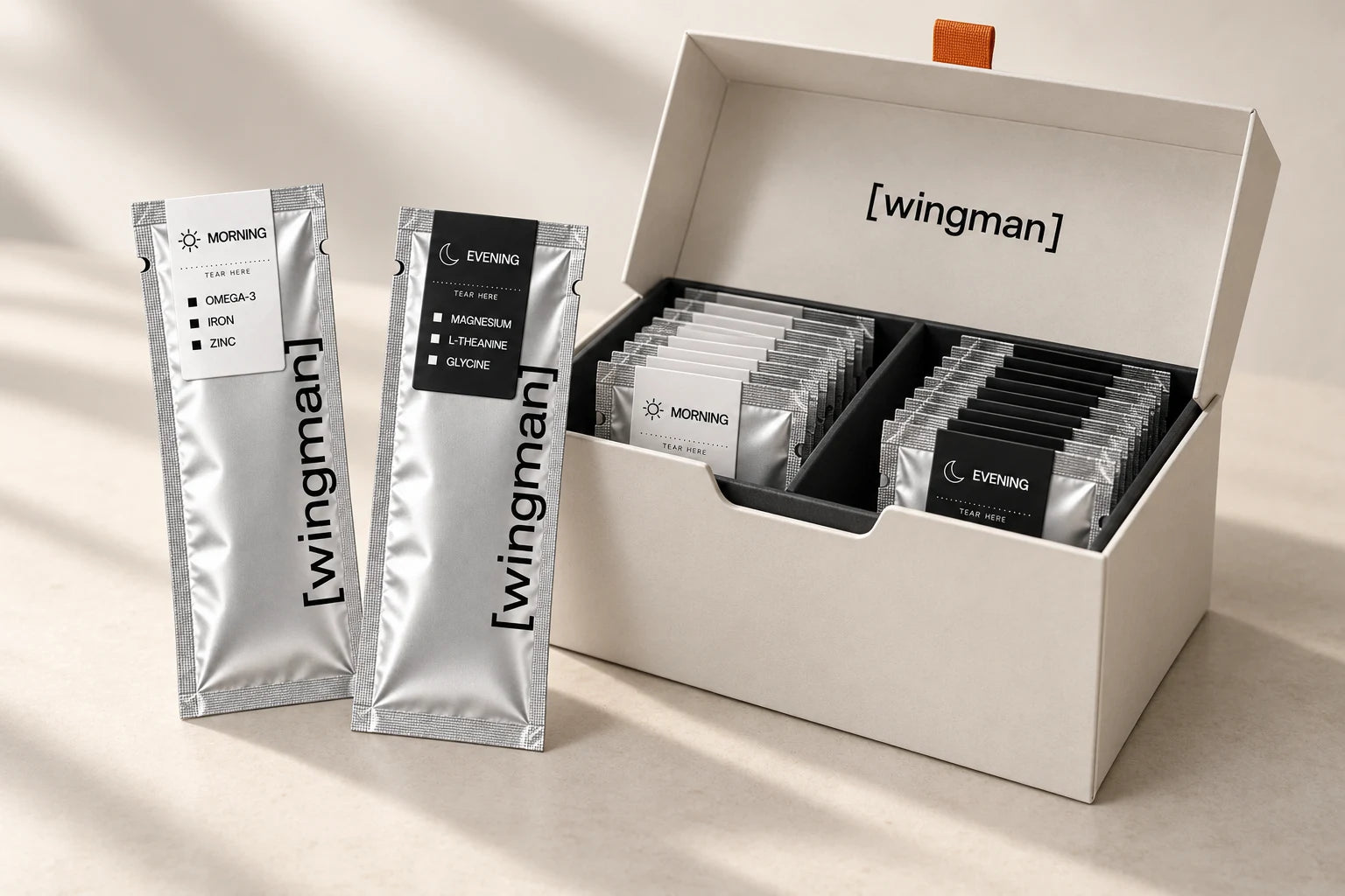 Wingman monthly dispenser with daily sachets