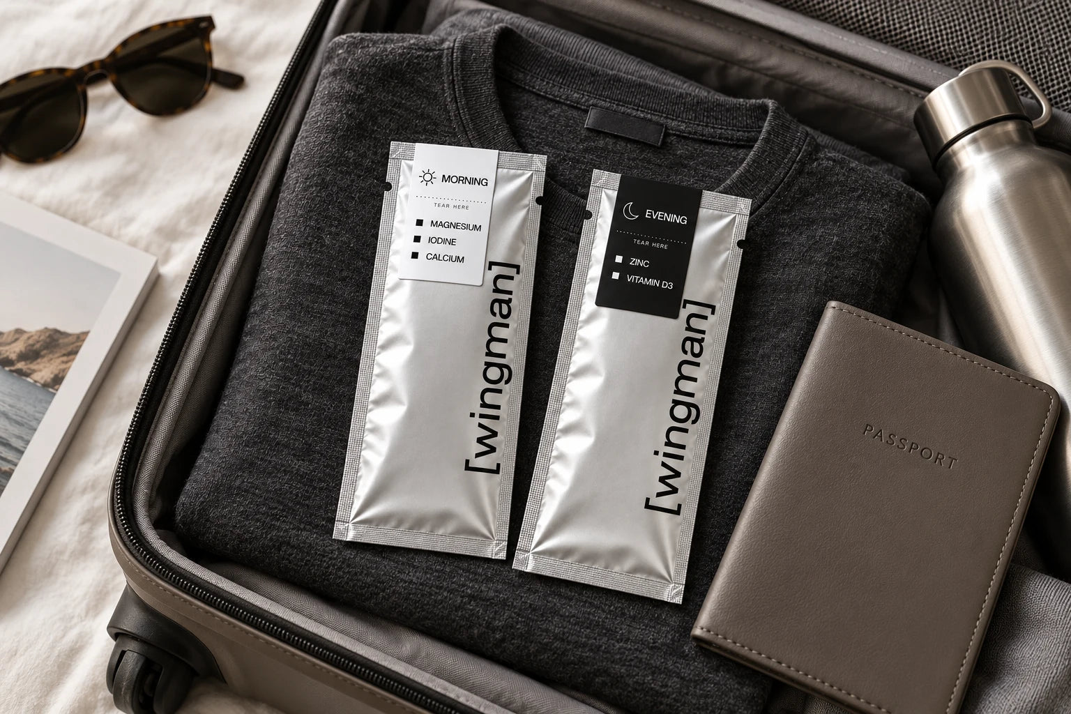 Wingman morning and evening sachets packed for travel